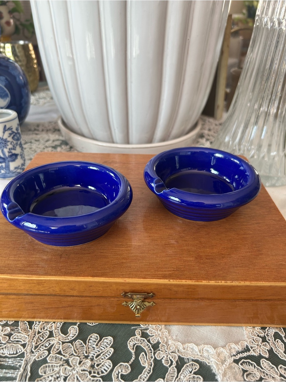 Pair of Vintage Cobalt Blue Glazed Ceramic Serveware Dishes